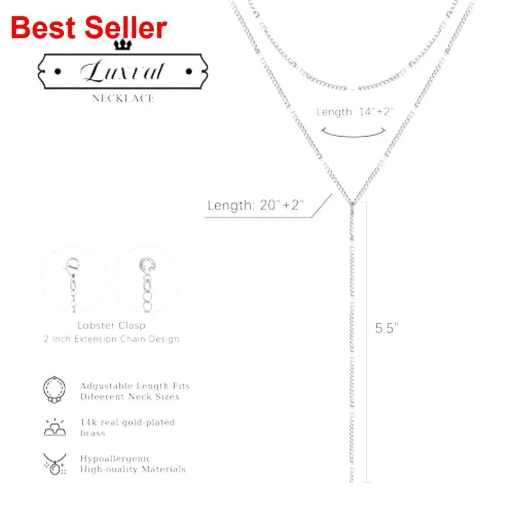 Silver-Layered Lariat Necklace with Y-Shaped Pendant, Adjustable Length